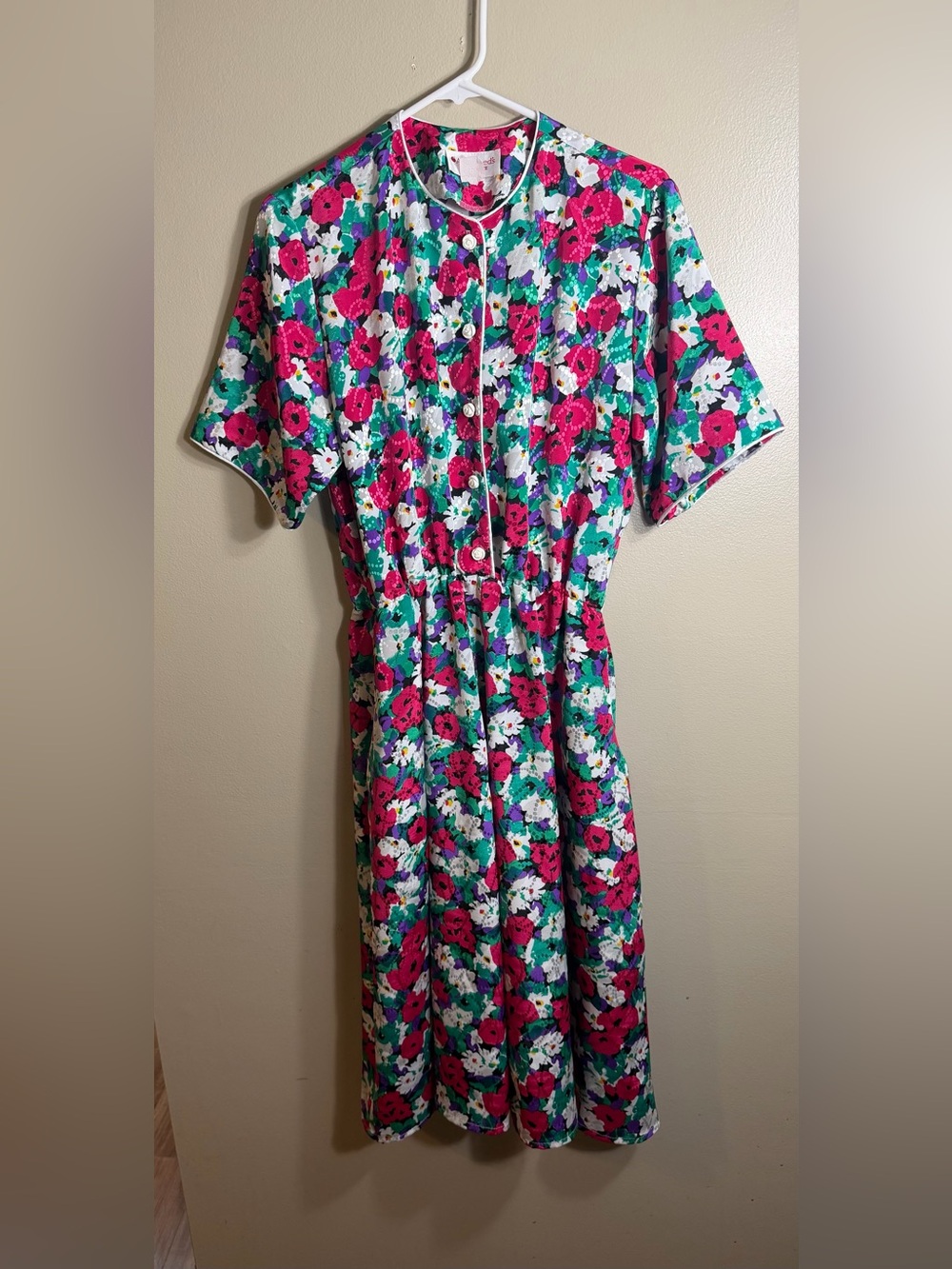 Vintage Appleseed's Floral Midi Dress 16P Pink Teal Rose Buttons Pockets - Picture 2 of 7
